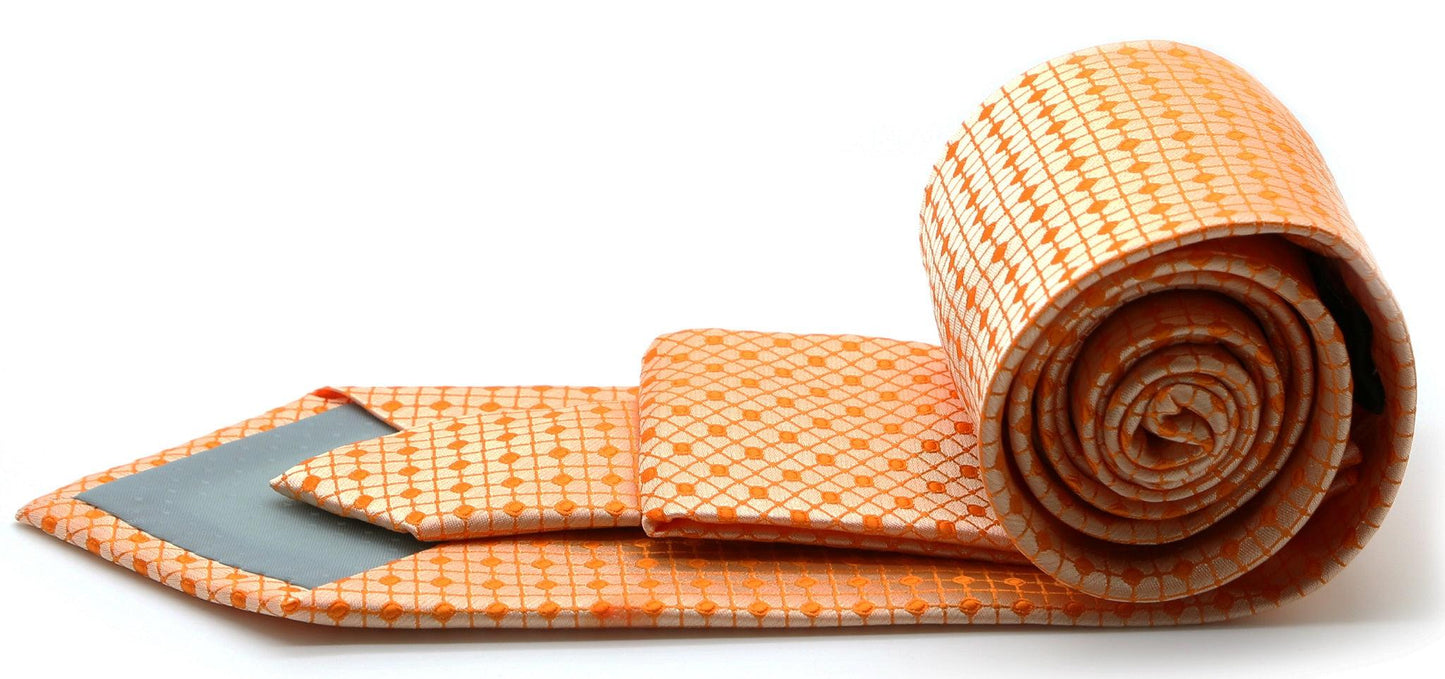 Mens Dads Classic Orange Geometric Pattern Business Casual Necktie & Hanky Set UO-5 - Ferrecci USA 