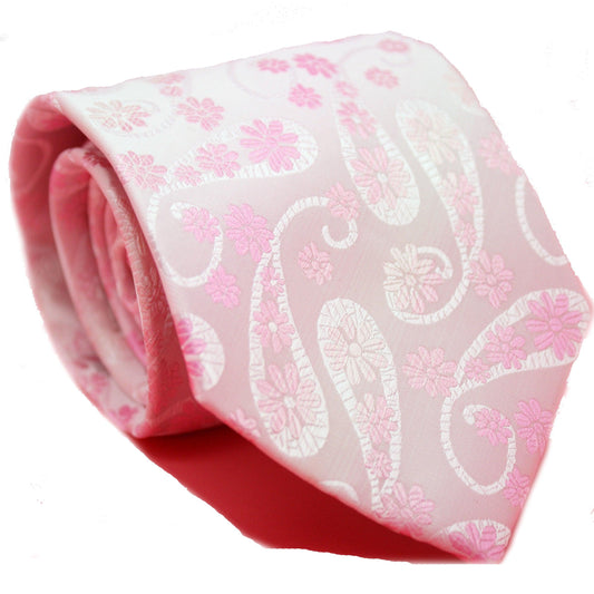 Mens Dads Classic Pink Floral Pattern Business Casual Necktie & Hanky Set DF-3 - Ferrecci USA 