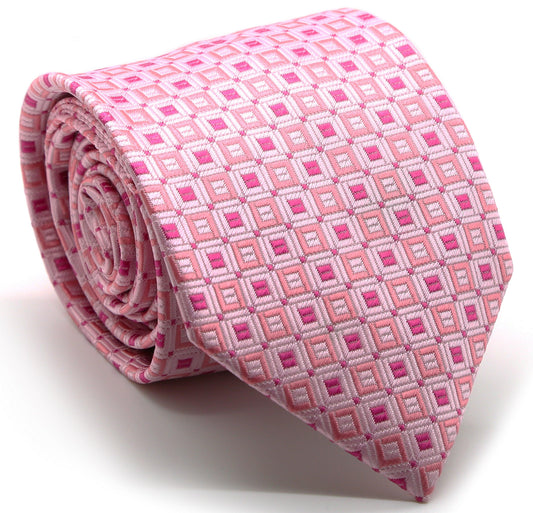 Mens Dads Classic Pink Geometric Pattern Business Casual Necktie & Hanky Set Y-5 - Ferrecci USA 