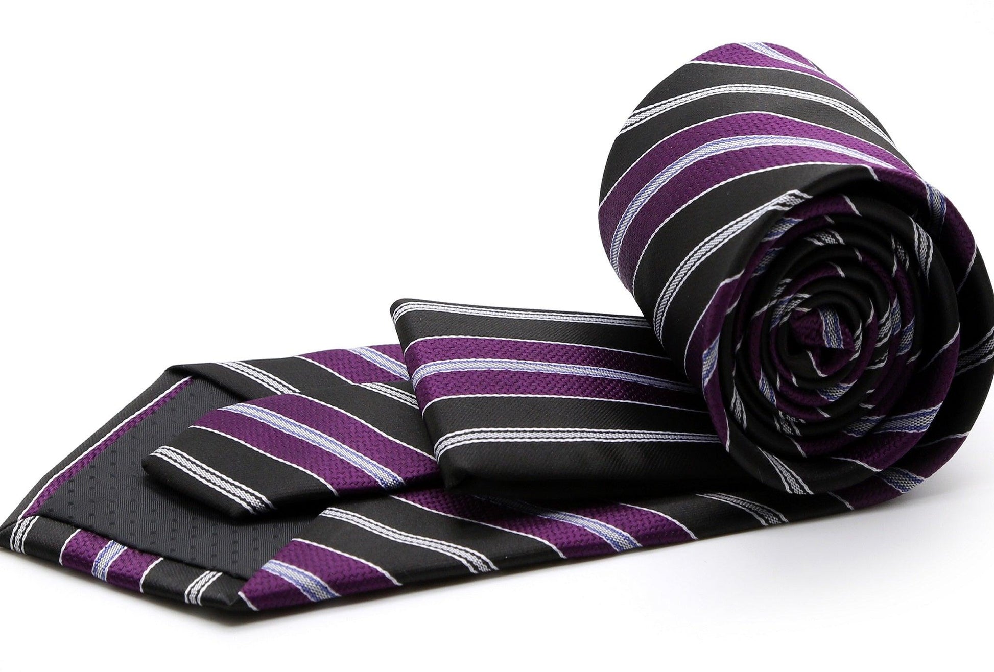 Mens Dads Classic Purple Striped Pattern Business Casual Necktie & Hanky Set F-3 - Ferrecci USA 
