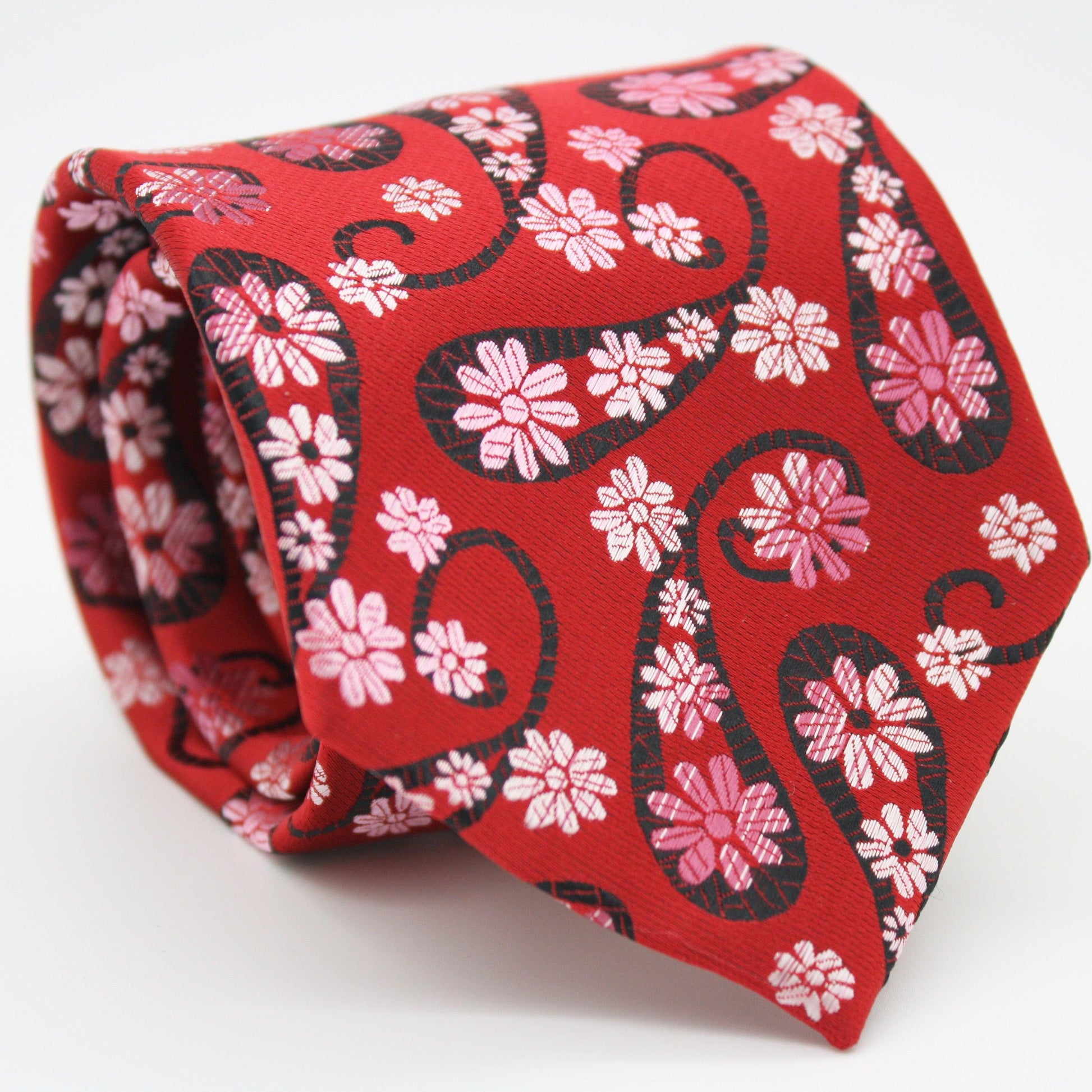 Mens Dads Classic Red Floral Pattern Business Casual Necktie & Hanky Set DF-4 - Ferrecci USA 