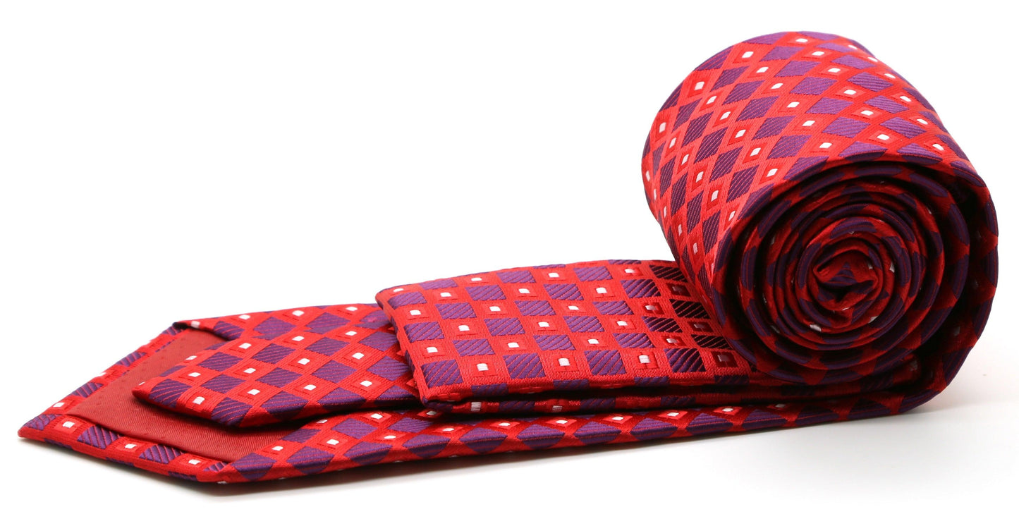 Mens Dads Classic Red Geometric Pattern Business Casual Necktie & Hanky Set E-10 - Ferrecci USA 