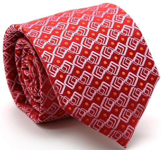 Mens Dads Classic Red Geometric Pattern Business Casual Necktie & Hanky Set G-4 - Ferrecci USA 