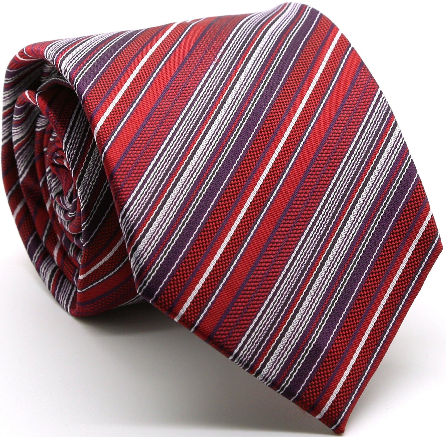 Mens Dads Classic Red Striped Pattern Business Casual Necktie & Hanky Set S-11 - Ferrecci USA 