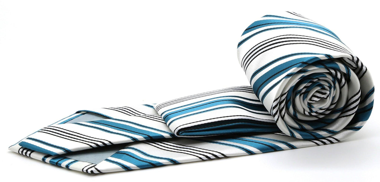 Mens Dads Classic Turquoise Striped Pattern Business Casual Necktie & Hanky Set D-9 - Ferrecci USA 