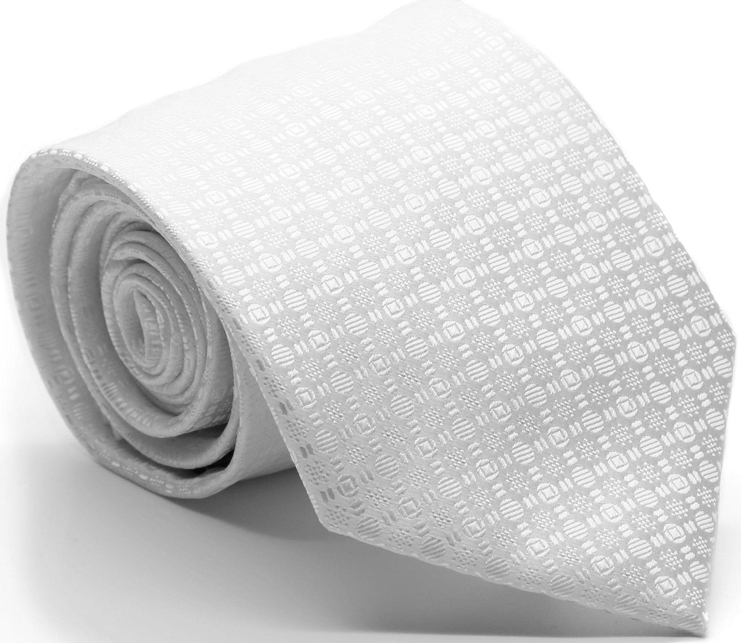 Mens Dads Classic White Geometric Pattern Business Casual Necktie & Hanky Set R-12 - Ferrecci USA 