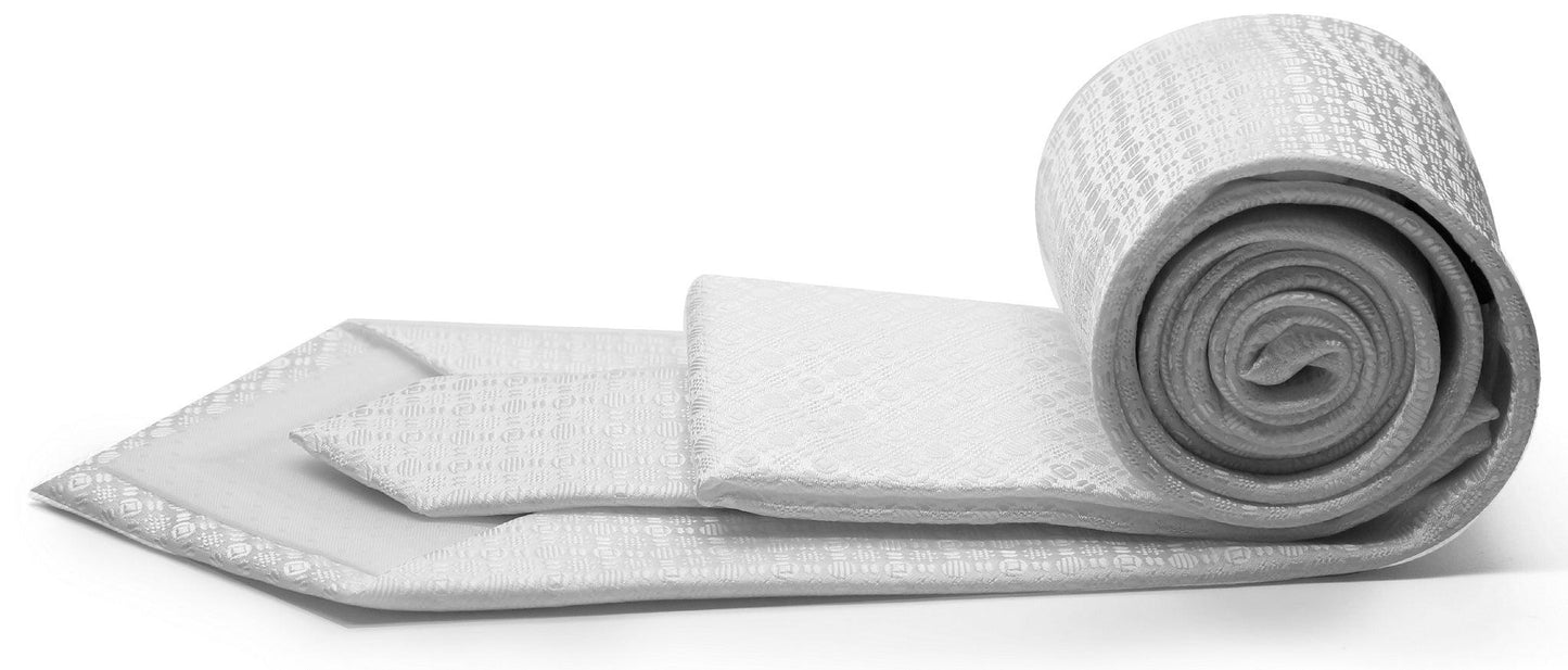 Mens Dads Classic White Geometric Pattern Business Casual Necktie & Hanky Set R-12 - Ferrecci USA 