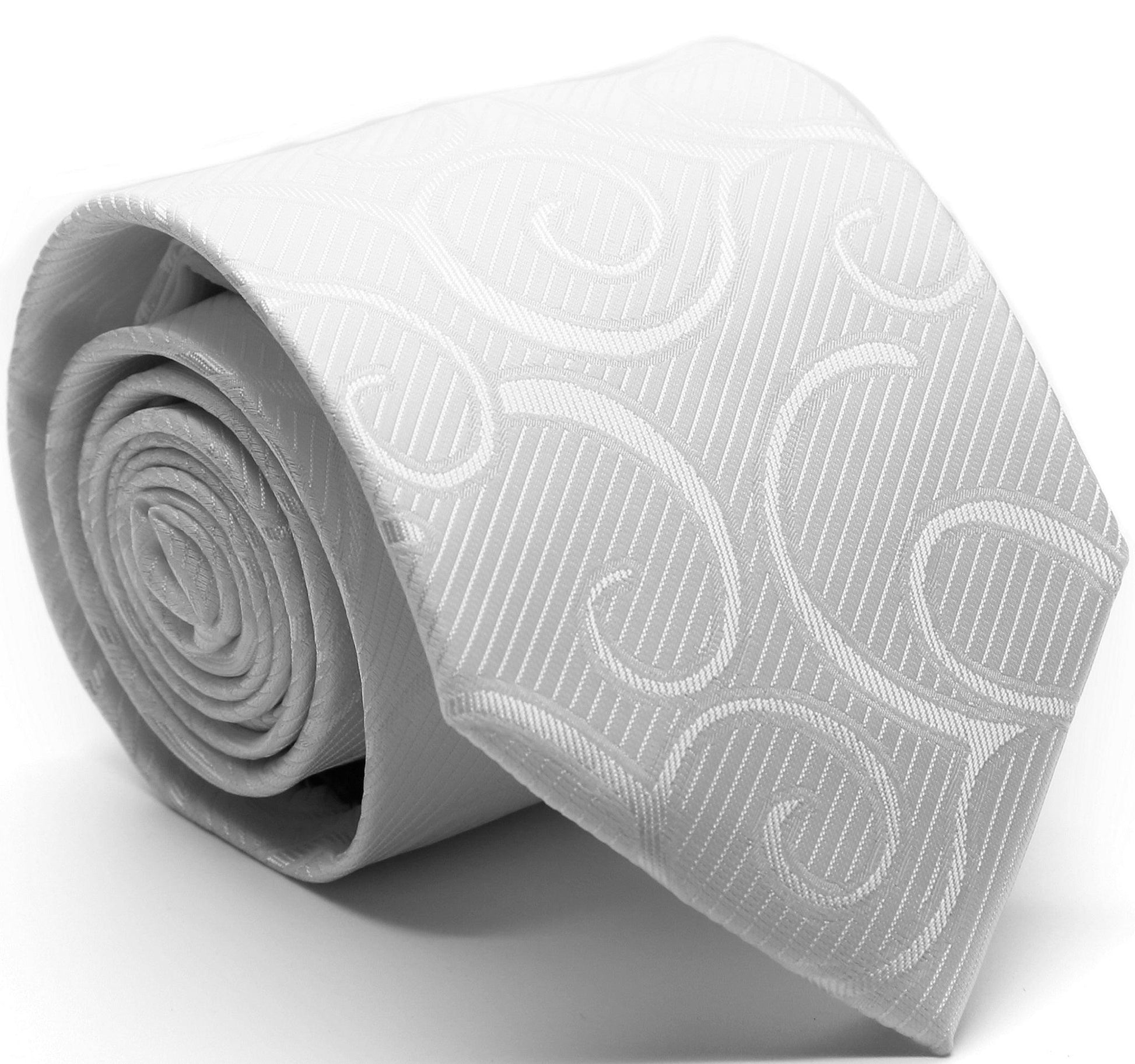 Mens Dads Classic White Paisley Pattern Business Casual Necktie & Hanky Set O-5 - Ferrecci USA 