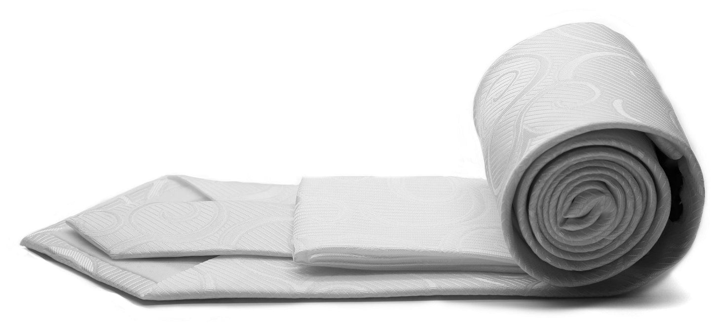 Mens Dads Classic White Paisley Pattern Business Casual Necktie & Hanky Set O-5 - Ferrecci USA 