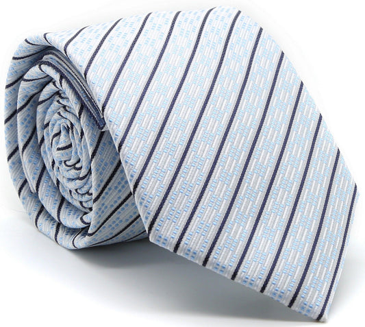 Mens Dads Classic White Striped Pattern Business Casual Necktie & Hanky Set C-9 - Ferrecci USA 